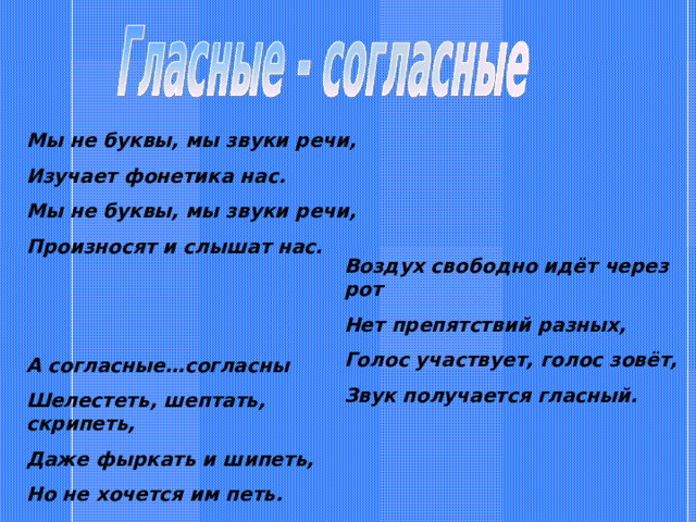 Мы не буквы, мы звуки речи, Изучает фонетика нас. Мы не буквы, мы звуки речи, Произносят и слышат нас. Воздух свободно идёт через рот Нет препятствий разных, Голос участвует, голос зовёт, Звук получается гласный. А согласные…согласны Шелестеть, шептать, скрипеть, Даже фыркать и шипеть, Но не хочется им петь. 