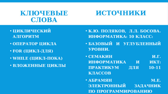 Источники КЛЮЧЕВЫЕ СЛОВА циклический алгоритм оператор цикла for (цикл-ДЛЯ) while (цикл-ПОКА) вложенные циклы К.Ю. Поляков, Л.Л. Босова. Информатика: 10 класс: базовый и углубленный уровни. Семакин И.Г. Информатика и ИКТ: практикум для 10-11 классов Абрамян М.Е. Электронный задачник по программированию   