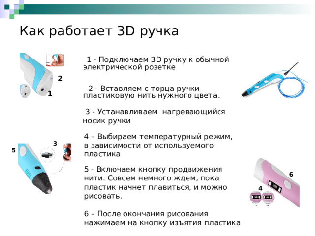 Как работает 3 D ручка  1 - Подключаем 3D ручку к обычной электрической розетке  2 - Вставляем с торца ручки пластиковую нить нужного цвета. 2 1  3 - Устанавливаем нагревающийся носик ручки 4 – Выбираем температурный режим, в зависимости от используемого пластика 3 5 5 - Включаем кнопку продвижения нити. Совсем немного ждем, пока пластик начнет плавиться, и можно рисовать. 6 – После окончания рисования нажимаем на кнопку изъятия пластика 6 4 