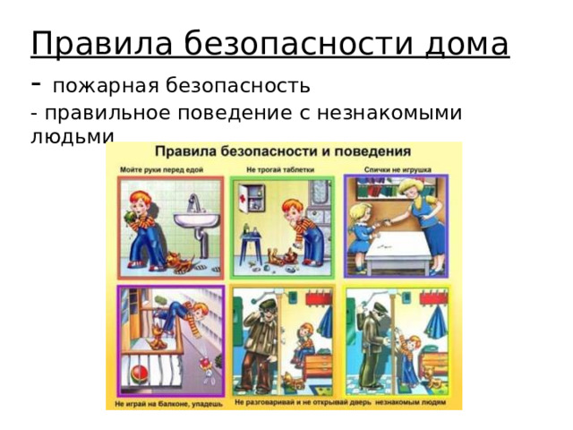 Правила безопасности дома  - пожарная безопасность  - правильное поведение с незнакомыми людьми 