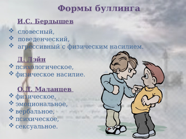 Формы буллинга И.С. Бердышев словесный, поведенческий, агрессивный с физическим насилием.  Д. Лэйн психологическое, физическое насилие.  О.Д. Маланцев  физическое, эмоциональное, вербальное, психическое, сексуальное. 