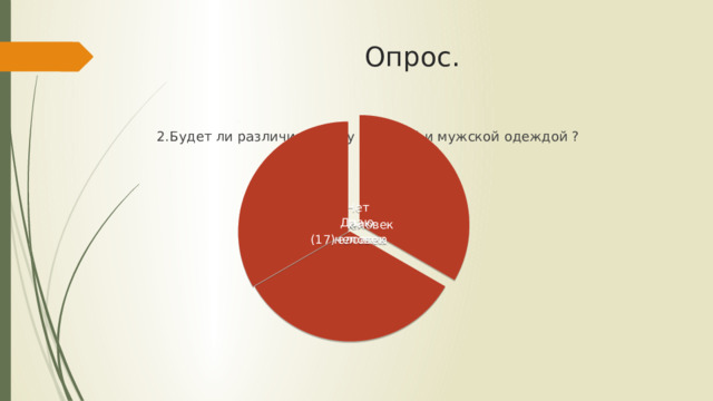 Опрос. Нет (1)Человек Не знаю Да (3)Человека (17)человек 2.Будет ли различие между женской и мужской одеждой ? 