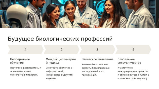  Будущее биологических профессий Непрерывное обучение Междисциплинарный подход Этическое мышление Глобальное сотрудничество Учитывайте этические аспекты биологических исследований и их применения. Постоянно развивайтесь и осваивайте новые технологии в биологии. Сочетайте биологию с информатикой, инженерией и другими науками. Участвуйте в международных проектах и обменивайтесь опытом с коллегами по всему миру. 