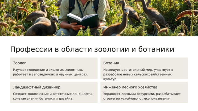  Профессии в области зоологии и ботаники Зоолог Ботаник Изучает поведение и экологию животных, работает в заповедниках и научных центрах. Исследует растительный мир, участвует в разработке новых сельскохозяйственных культур. Ландшафтный дизайнер Инженер лесного хозяйства Создает экологичные и эстетичные ландшафты, сочетая знания ботаники и дизайна. Управляет лесными ресурсами, разрабатывает стратегии устойчивого лесопользования. 