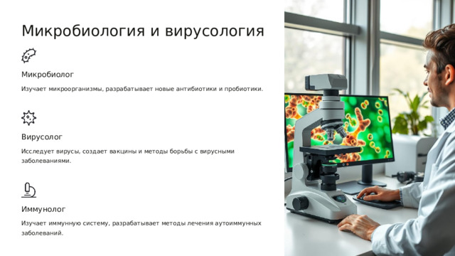  Микробиология и вирусология Микробиолог Изучает микроорганизмы, разрабатывает новые антибиотики и пробиотики. Вирусолог Исследует вирусы, создает вакцины и методы борьбы с вирусными заболеваниями. Иммунолог Изучает иммунную систему, разрабатывает методы лечения аутоиммунных заболеваний. 