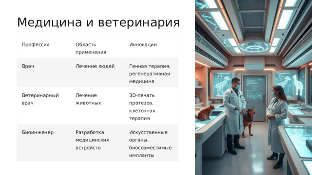  Медицина и ветеринария Профессия Область применения Инновации Генная терапия, регенеративная медицина Лечение людей Врач Ветеринарный врач Лечение животных 3D-печать протезов, клеточная терапия Биоинженер Разработка медицинских устройств Искусственные органы, биосовместимые импланты 