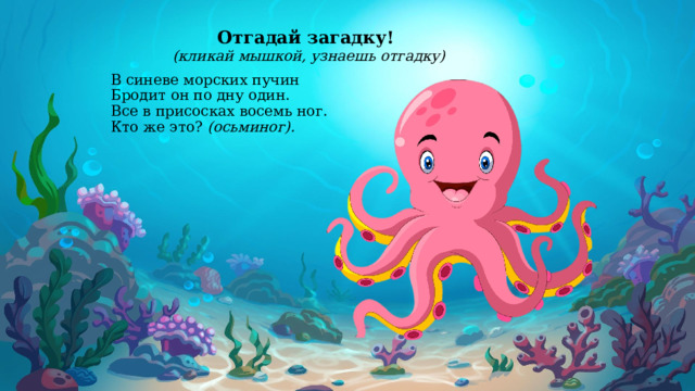 Отгадай загадку! (кликай мышкой, узнаешь отгадку) В синеве морских пучин  Бродит он по дну один.  Все в присосках восемь ног.  Кто же это?  (осьминог). 