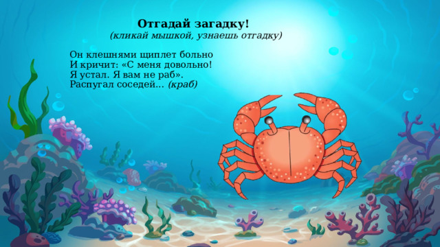 Отгадай загадку! (кликай мышкой, узнаешь отгадку)   Он клешнями щиплет больно  И кричит: «С меня довольно!  Я устал. Я вам не раб».  Распугал соседей... (краб)   