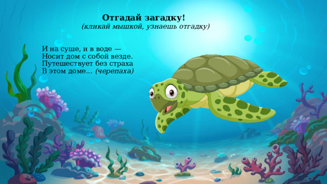 Отгадай загадку! (кликай мышкой, узнаешь отгадку)           И на суше, и в воде —  Носит дом с собой везде.   Путешествует без страха   В этом доме... (черепаха)     