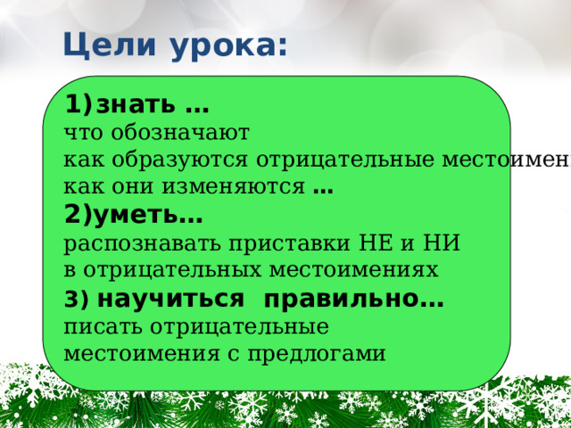 Цели урока:  знать … что обозначают как образуются отрицательные местоимения как они изменяются … 2)уметь… распознавать приставки НЕ и НИ в отрицательных местоимениях 3) научиться правильно… писать отрицательные местоимения с предлогами  