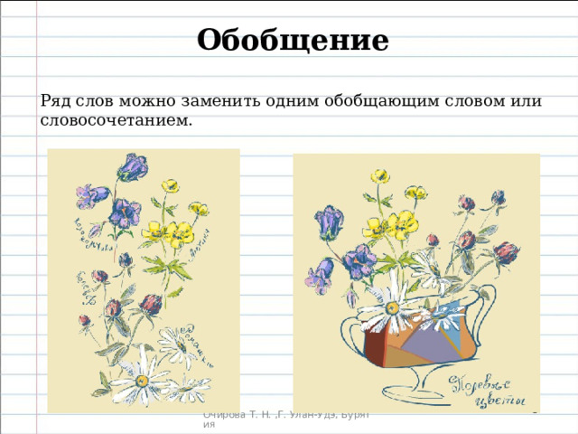 Обобщение  Ряд слов можно заменить одним обобщающим словом или словосочетанием. 