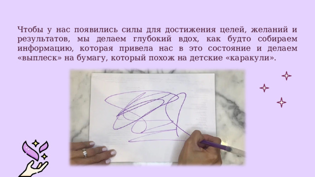 Чтобы у нас появились силы для достижения целей, желаний и результатов, мы делаем глубокий вдох, как будто собираем информацию, которая привела нас в это состояние и делаем «выплеск» на бумагу, который похож на детские «каракули». 