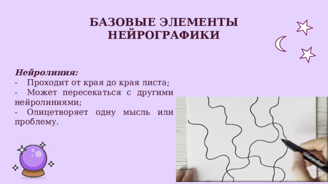 Базовые  элементы нейрографики Нейролиния: -  Проходит от края до края листа; -  Может пересекаться с другими нейролиниями; -  Олицетворяет одну мысль или проблему. 