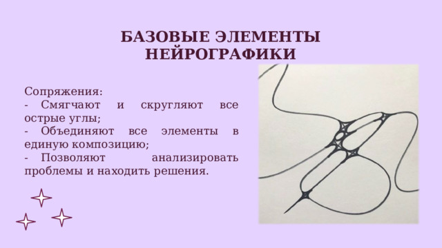 Базовые элементы нейрографики Сопряжения: -  Смягчают и скругляют все острые углы; -  Объединяют все элементы в единую композицию; -  Позволяют анализировать проблемы и находить решения. 
