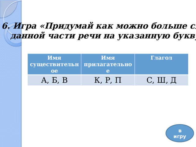 6. Игра «Придумай как можно больше слов данной части речи на указанную букву» Имя существительное Имя прилагательное А, Б, В Глагол К, Р, П С, Ш, Д в игру 