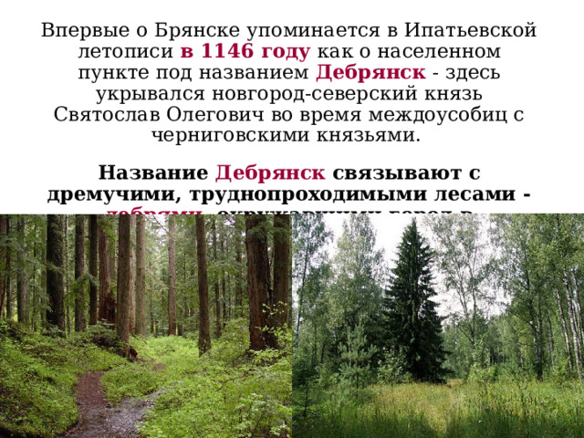 Впервые о Брянске упоминается в Ипатьевской летописи в 1146 году как о населенном пункте под названием Дебрянск - здесь укрывался новгород-северский князь Святослав Олегович во время междоусобиц с черниговскими князьями. Название Дебрянск  связывают с дремучими, труднопроходимыми лесами - дебрями , окружавшими город в древности.   