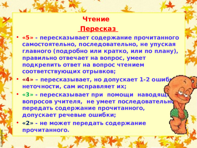  Чтение                           Пересказ «5» - пересказывает содержание прочитанного самостоятельно, последовательно, не упуская главного (подробно или кратко, или по плану), правильно отвечает на вопрос, умеет подкрепить ответ на вопрос чтением соответствующих отрывков; «4» – пересказывает, но допускает 1-2 ошибки, неточности, сам исправляет их; «3» - пересказывает при  помощи  наводящих вопросов учителя,  не умеет последовательно  передать содержание прочитанного, допускает речевые ошибки; «2» - не может передать содержание прочитанного.  