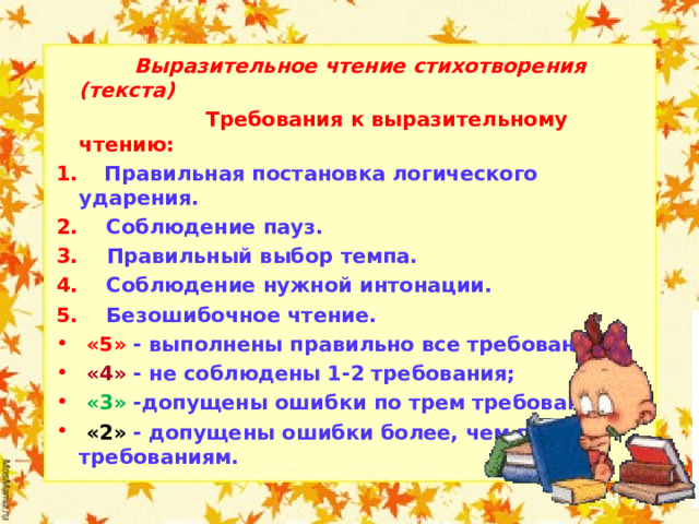  Выразительное чтение стихотворения (текста)  Требования к выразительному чтению: 1.     Правильная постановка логического ударения. 2.     Соблюдение пауз. 3.     Правильный выбор темпа. 4.     Соблюдение нужной интонации. 5.     Безошибочное чтение.  «5» - выполнены правильно все требования;  «4» - не соблюдены 1-2 требования;  «3» -допущены ошибки по трем требованиям;  «2» - допущены ошибки более, чем по трем требованиям.  