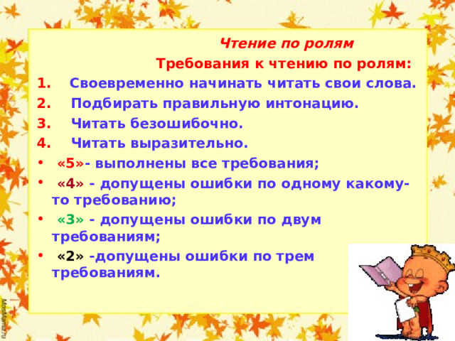  Чтение по ролям  Требования к чтению по ролям: 1.     Своевременно начинать читать свои слова. 2.     Подбирать правильную интонацию. 3.     Читать безошибочно. 4.     Читать выразительно.  «5» - выполнены все требования;  «4» - допущены ошибки по одному какому-то требованию;  «3» - допущены ошибки по двум требованиям;  «2» -допущены ошибки по трем требованиям.  
