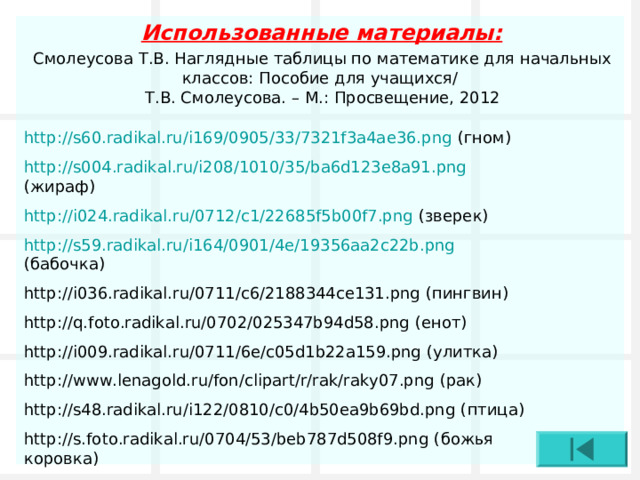 Использованные материалы: Смолеусова Т.В. Наглядные таблицы по математике для начальных классов: Пособие для учащихся/  Т.В. Смолеусова. – М.: Просвещение, 2012 http://s60.radikal.ru/i169/0905/33/7321f3a4ae36.png (гном) http://s004.radikal.ru/i208/1010/35/ba6d123e8a91.png (жираф) http://i024.radikal.ru/0712/c1/22685f5b00f7.png (зверек) http://s59.radikal.ru/i164/0901/4e/19356aa2c22b.png (бабочка) http://i036.radikal.ru/0711/c6/2188344ce131.png  (пингвин) http://q.foto.radikal.ru/0702/025347b94d58.png (енот) http://i009.radikal.ru/0711/6e/c05d1b22a159.png (улитка) http://www.lenagold.ru/fon/clipart/r/rak/raky07.png (рак) http://s48.radikal.ru/i122/0810/c0/4b50ea9b69bd.png (птица) http://s.foto.radikal.ru/0704/53/beb787d508f9.png (божья коровка) 