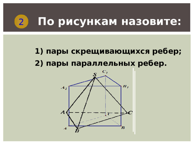 По рисункам назовите: 2 1) пары скрещивающихся ребер; 2) пары параллельных ребер. 