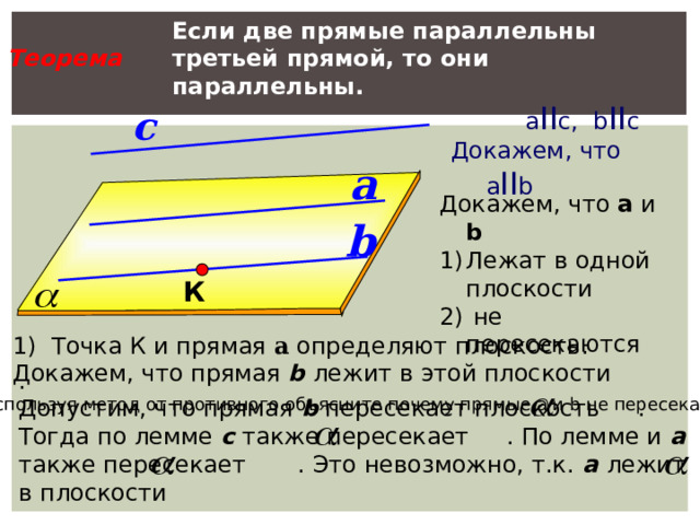 Если две прямые параллельны третьей прямой, то они параллельны.  Теорема  a II с, b II с Докажем, что a II b с a Докажем, что а и b  Лежат в одной плоскости  не пересекаются b К 1) Точка К и прямая а определяют плоскость. Докажем, что прямая b  лежит в этой плоскости . Допустим, что прямая b пересекает плоскость . Тогда по лемме с также пересекает . По лемме и а  также пересекает . Это невозможно, т.к. а  лежит в плоскости 2) Используя метод от противного объясните почему прямые а и b не пересекаются. 19 