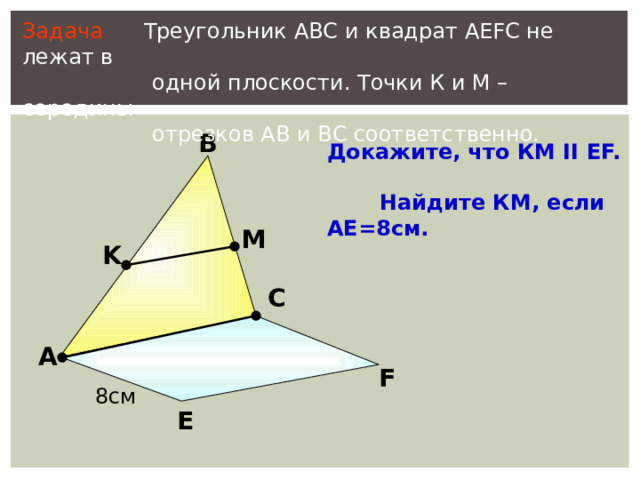 Задача  Треугольник АВС и квадрат АEFC не лежат в  одной плоскости. Точки К и М – середины  отрезков АВ и ВС соответственно. В Докажите, что КМ II EF.  Найдите КМ, если АЕ=8см. M K С «Математика. Самостоятельные м контрольные работы по геометрии для 11 класса». Ершова А.П., Голобородько В.В. А F 8см Е 19 
