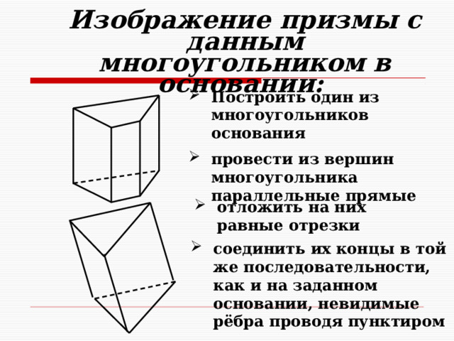 Изображение призмы с данным многоугольником в основании: Построить один из многоугольников основания провести из вершин многоугольника параллельные прямые  отложить на них равные отрезки   соединить их концы в той же последовательности, как и на заданном основании, невидимые рёбра проводя пунктиром 