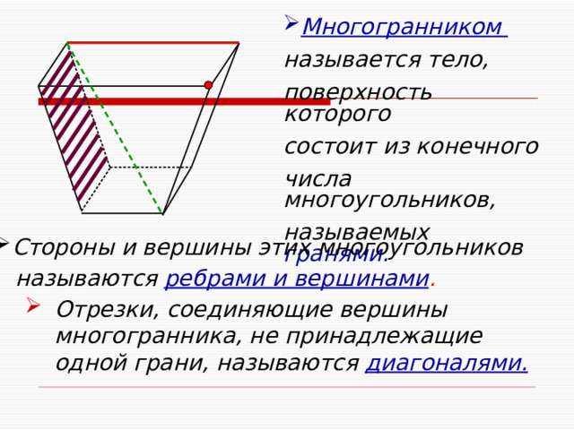 Многогранником называется тело, поверхность которого состоит из конечного числа многоугольников, называемых гранями. Стороны и вершины этих многоугольников  называются  ребрами и вершинами . Ученикам показаны различные модели многогранников. Что такое многогранник? Попробуйте сами сформулировать определение. Как бы вы дали определение грани, ребра, вершины, диагонали многогранника. Отрезки, соединяющие вершины многогранника, не принадлежащие одной грани, называются  диагоналями.  