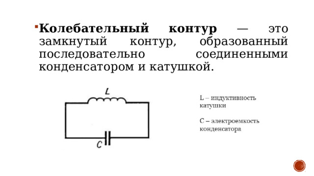 Колебательный контур — это замкнутый контур, образованный последовательно соединенными конденсатором и катушкой. 