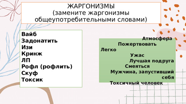 ЖАРГОНИЗМЫ  (замените жаргонизмы общеупотребительными словами) Вайб Задонатить Изи  Кринж  ЛП Рофл (рофлить) Скуф  Токсик Атмосфера Пожертвовать Легко Ужас Лучшая подруга Смеяться Мужчина, запустивший себя Токсичный человек 