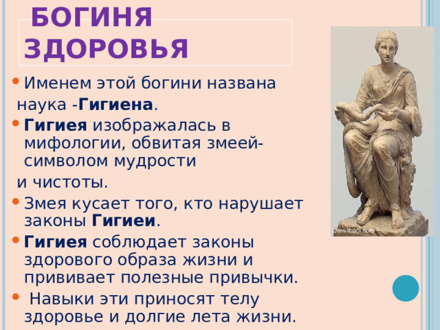 ГИГИЕЯ  -   БОГИНЯ ЗДОРОВЬЯ Именем этой богини названа  наука - Гигиена . Гигиея изображалась в мифологии, обвитая змеей- символом мудрости  и чистоты. Змея кусает того, кто нарушает законы Гигиеи . Гигиея соблюдает законы здорового образа жизни и прививает полезные привычки.  Навыки эти приносят телу здоровье и долгие лета жизни. 