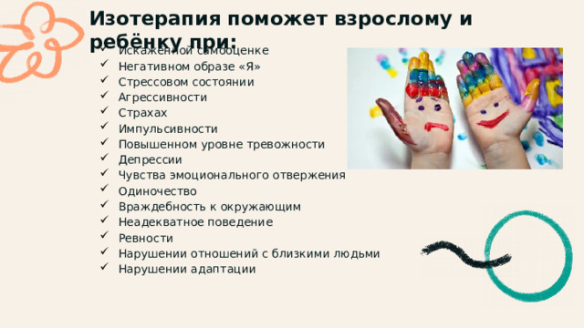 Изотерапия поможет взрослому и ребёнку при: Искажённой самооценке Негативном образе «Я» Стрессовом состоянии Агрессивности Страхах Импульсивности Повышенном уровне тревожности Депрессии Чувства эмоционального отвержения Одиночество Враждебность к окружающим Неадекватное поведение Ревности Нарушении отношений с близкими людьми Нарушении адаптации 