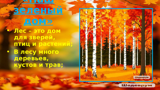 «Наш зеленый дом» Лес – это дом для зверей, птиц и растений; В лесу много деревьев, кустов и трав; 