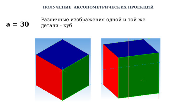 ПОЛУЧЕНИЕ АКСОНОМЕТРИЧЕСКИХ ПРОЕКЦИЙ Различные изображения одной и той же детали - куб а = 30 