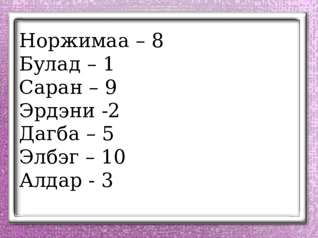 Норжимаа – 8  Булад – 1  Саран – 9  Эрдэни -2  Дагба – 5  Элбэг – 10  Алдар - 3 