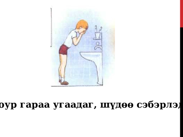  Нюур гараа угаадаг, шүдөө сэбэрлэдэг. 
