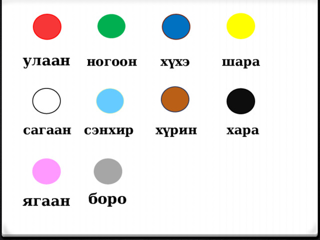 улаан ногоон шара х үхэ сэнхир сагаан х үрин хара боро ягаан 