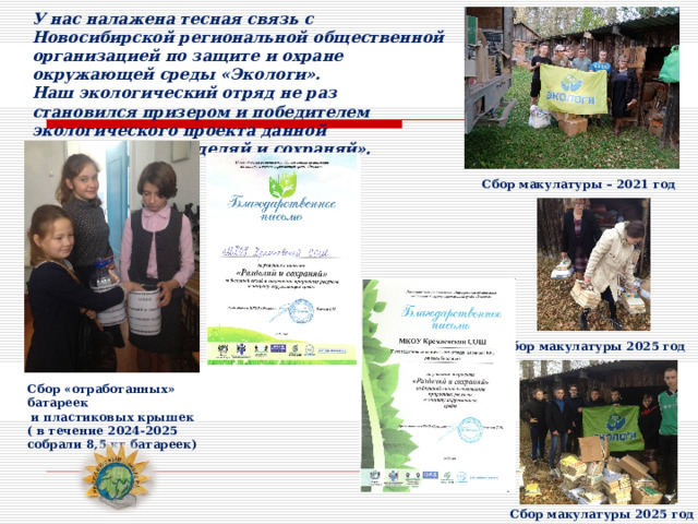 У нас налажена тесная связь с Новосибирской региональной общественной организацией по защите и охране окружающей среды «Экологи». Наш экологический отряд не раз становился призером и победителем экологического проекта данной организации «Разделяй и сохраняй». Сбор макулатуры – 2021 год Сбор макулатуры 2025 год Сбор «отработанных» батареек  и пластиковых крышек ( в течение 2024-2025 собрали 8,5 кг батареек) Сбор макулатуры 2025 год 