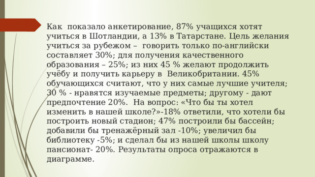 Как показало анкетирование, 87% учащихся хотят учиться в Шотландии, а 13% в Татарстане. Цель желания учиться за рубежом – говорить только по-английски составляет 30%; для получения качественного образования – 25%; из них 45 % желают продолжить учёбу и получить карьеру в Великобритании. 45% обучающихся считают, что у них самые лучшие учителя; 30 % - нравятся изучаемые предметы; другому - дают предпочтение 20%. На вопрос: «Что бы ты хотел изменить в нашей школе?»-18% ответили, что хотели бы построить новый стадион; 47% построили бы бассейн; добавили бы тренажёрный зал -10%; увеличил бы библиотеку -5%; и сделал бы из нашей школы школу пансионат- 20%. Результаты опроса отражаются в диаграмме. 