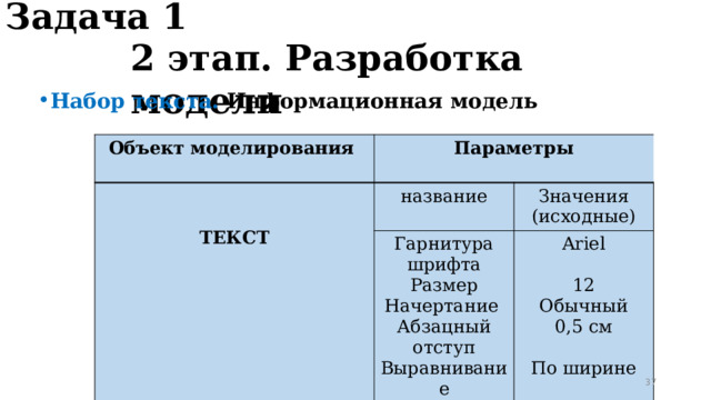 Задача 1 2 этап. Разработка модели Набор текста. Информационная модель Объект моделирования  Параметры   ТЕКСТ название Гарнитура шрифта Значения (исходные) Размер Ariel Начертание Абзацный отступ 12 Выравнивание Обычный 0,5 см По ширине  