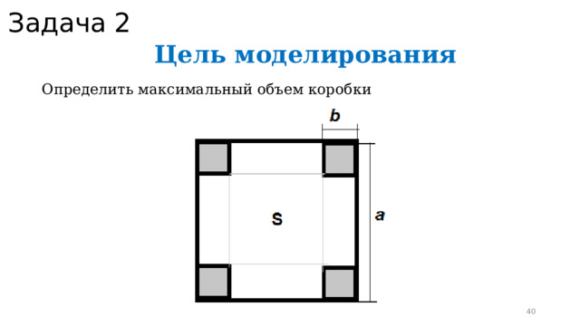 Задача 2 Цель моделирования Определить максимальный объем коробки  