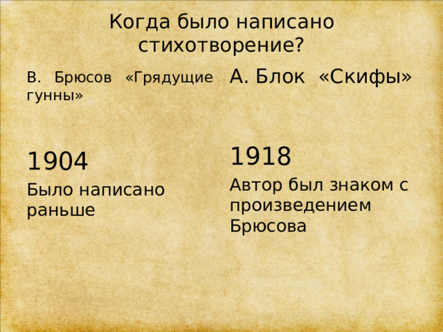 Когда было написано стихотворение?  В. Брюсов «Грядущие гунны» А. Блок «Скифы» 1918 Автор был знаком с произведением Брюсова 1904 Было написано раньше 