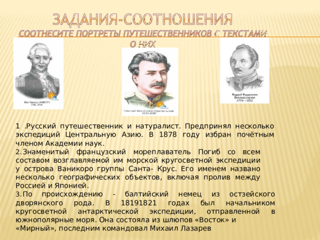 1  .Русский  путешественник  и  натуралист.  Предпринял  несколько  экспедиций Центральную  Азию.  В  1878  году  избран  почётным  членом  Академии  наук.  Знаменитый  французский  мореплаватель  Погиб  со  всем  составом возглавляемой  им  морской  кругосветной  экспедиции  у  острова  Ваникоро группы  Санта-  Крус.  Его  именем  названо  несколько географических объектов,  включая  пролив  между  Россией  и  Японией.  По  происхождению  -  балтийский  немец  из  остзейского  дворянского  рода.  В 18191821  годах  был  начальником  кругосветной  антарктической  экспедиции, отправленной  в  южнополярные  моря.  Она  состояла  из  шлюпов  «Восток»  и «Мирный»,  последним  командовал  Михаил  Лазарев 