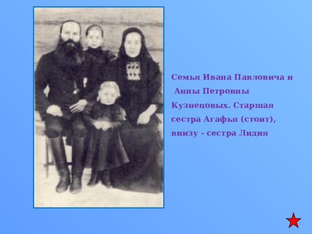  Семья Ивана Павловича и  Анны Петровны Кузнецовых. Старшая сестра Агафья (стоит), внизу - сестра Лидия 