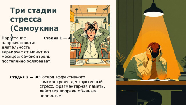  Три стадии стресса (Самоукина) Стадия 1 — АВ Нарастание напряжённости: длительность варьирует от минут до месяцев; самоконтроль постепенно ослабевает. Стадия 2 — ВС Потеря эффективного самоконтроля: деструктивный стресс, фрагментарная память, действия вопреки обычным ценностям. 