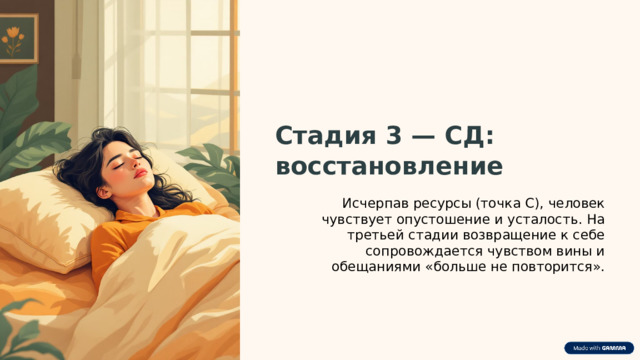  Стадия 3 — СД: восстановление Исчерпав ресурсы (точка С), человек чувствует опустошение и усталость. На третьей стадии возвращение к себе сопровождается чувством вины и обещаниями «больше не повторится». 