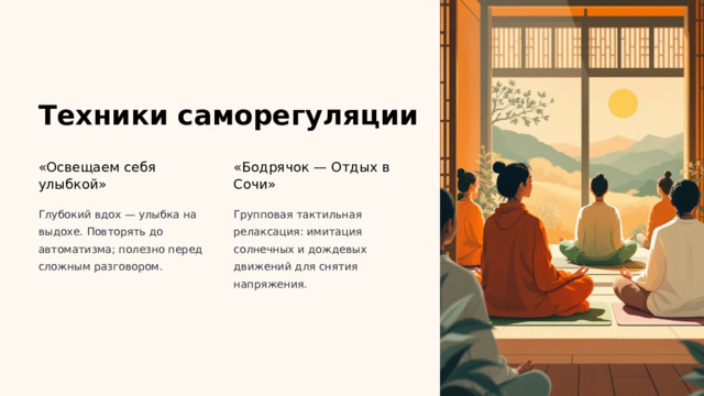  Техники саморегуляции «Освещаем себя улыбкой» «Бодрячок — Отдых в Сочи» Глубокий вдох — улыбка на выдохе. Повторять до автоматизма; полезно перед сложным разговором. Групповая тактильная релаксация: имитация солнечных и дождевых движений для снятия напряжения. 