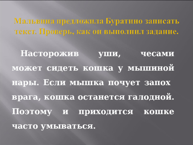 Насторожив уши, чесами может сидеть кошка у мышиной нары. Если мышка почует запох врага, кошка останется галодной. Поэтому и приходится кошке часто умываться.   