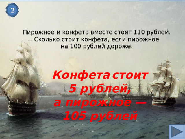 2 Пирожное и конфета вместе стоят 110 рублей. Сколько стоит конфета, если пирожное на 100 рублей дороже. Конфета  стоит 5 рублей, а пирожное — 105 рублей 